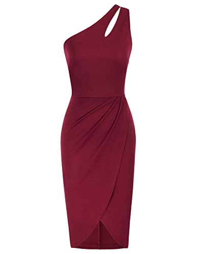 GRACE KARIN Vestido plisado a media pierna sin mangas con un hombro para mujer, burdeos