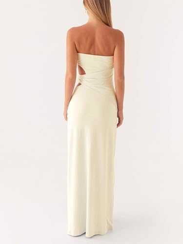 Image of Cut Out Maxi Tube Dresses for Women Sexy Y2k Strapless Backless Bodycon Long Dress Summer Sleeveless Hollow Sundress