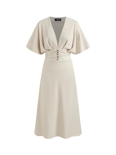 CIDER Dresses for Women Linen Blend V Neck Ruffle Ruched Midi Dress Solid Regular Fit Mid Waist Fall Dress