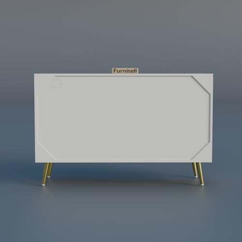 Image of Modern Wooden Storage Cabinet with 2 Doors | Geometric Design Sideboard /Cupboard for Living Room | Multipurpose Organizer for Bedroom & Entryway | HDMR Premium Wood | Gold Metal Legs(White)