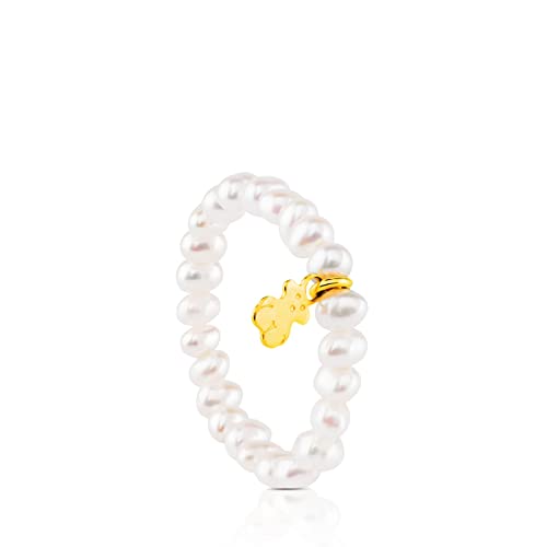 TOUS Anillo elástico Pearls con perlas y oso de oro amarillo 18 kt - Talla 11.5