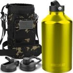1 Gallon Water Bottle Insulated - 128 Oz Stainless Steel Metal Water Jug with Holder - | Carrying Bag | Spout Handle | Straw Lids | Keep Cold & Hot | - Black Tactical Flask for Travel Hiking Sport