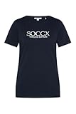 minimal tailliert SOCCX Damen Basic T-Shirt mit Logo Print Blue Navy XXL