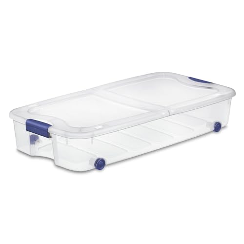 Image of 66 Qt Under Bed Storage Bin with Wheels, Clear Split-Lid Container, Blue