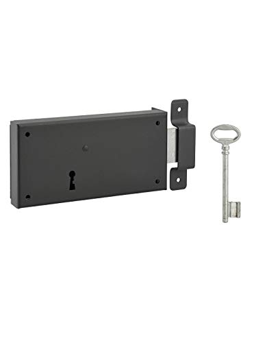THIRARD - Serrure Horizontale en Applique à Clé pour Porte de Cave - Pêne Seul - Droite - Axe 105 mm - 160 x 80 mm - Noir - 1 Clé - Gâche à Pattes Acier
