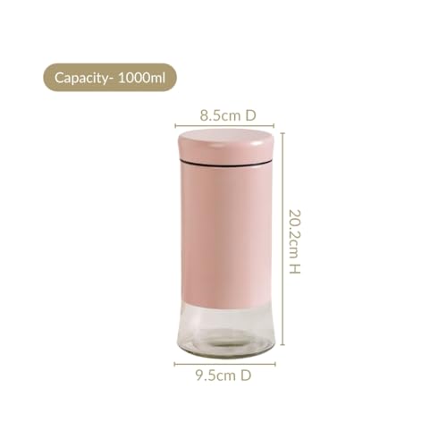 Image of Nestasia Metal Jacketed Glass Jars Set of 4 (1000 ml) | Airtight See - Through Glass Containers with Lids for Kitchen Storage - Ideal for Storing Snacks, Dry Fruits, Pickles or Pulses (Pastel Pink)