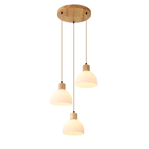 Schindora Lampadario Soggiorno 3 Luci,Legno E Vetro Bianco Lampadario Camera Da Letto E27 Regolabile In Altezza Cucina Lampadari Per Cameretta Salotto