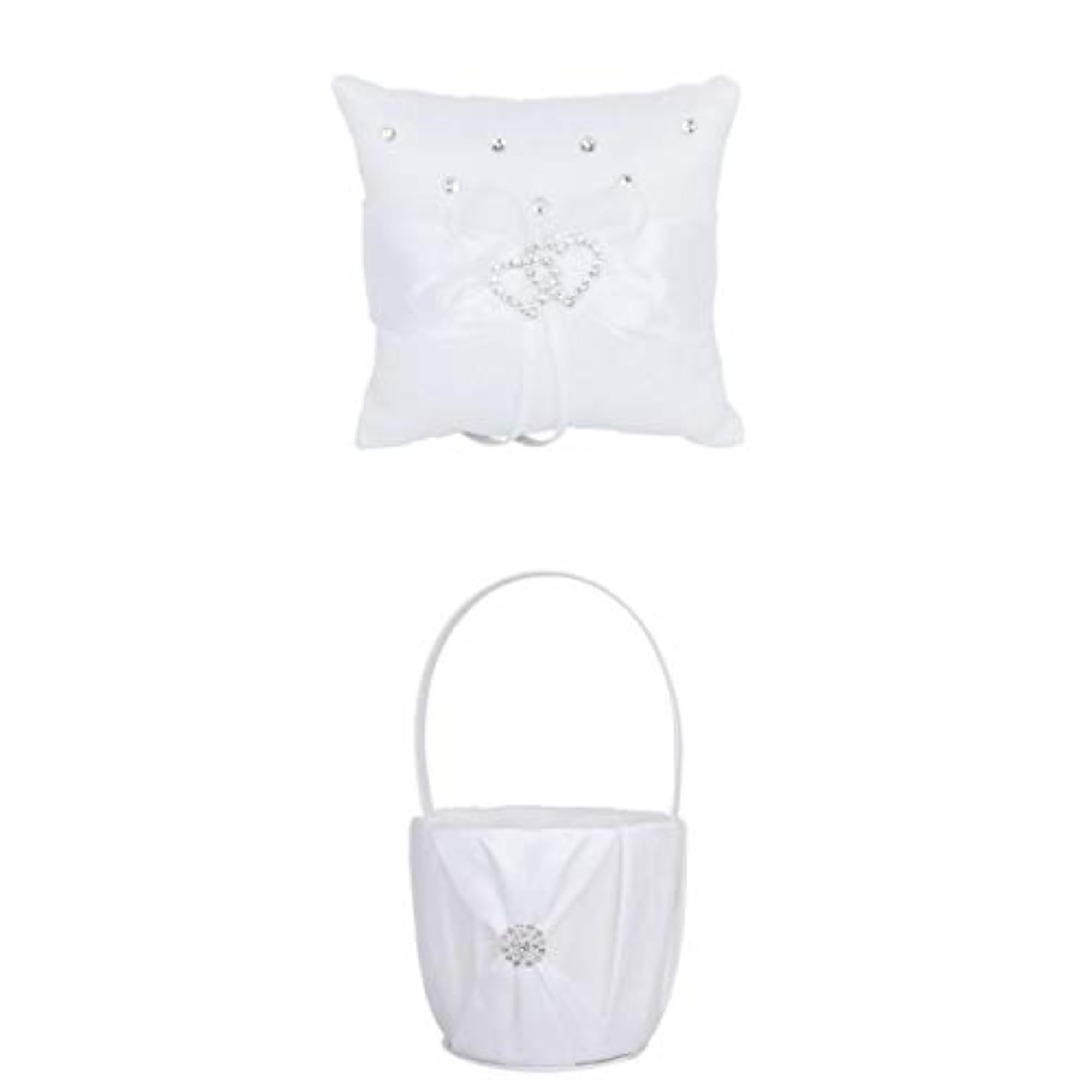 Double Heart Crystal White Ring Bearer Pillow & Basket