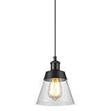 Industrial Glass Pendant Light with Handblown Clear Seeded Glass Shade, One-Light Adjustable Rustic Mini Pendant Lighting Fixture for Kitchen Island Cafe Bar Farmhouse, Black