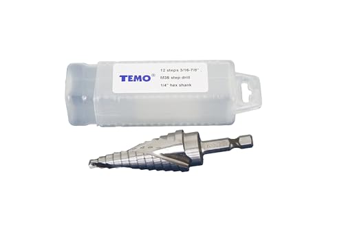 Image of TEMO M35 Cobalt Spiral Flute Step Drill Unibit, 12 Size 3 /16 Inch To 7 /8 Inch, 1 /4 Inch Hex Shank