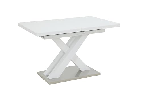 Hela Tische, Säulentisch Elvira, Holzwerkstoff lakiert, Hochglanz Weiß + 4mm Glasplatte, Bodenplatte Edelstahl, ausziehbar 120-160x80cm Hela Tische, Säulentisch Elvira, Holzwerkstoff lakiert, Hochglanz Weiß + 4mm Glasplatte, Bodenplatte Edelstahl, ausziehbar 120-160x80cm