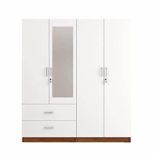Image of VIKI Wardrobe | Wooden Almirah for 4 Door 2 Drawer with Shelves & 2 Hanging Space Mirror Wardrobe (Walnut | White - 40D x 160W x 180.8H) | 1 Year Warranty | Free Assembly