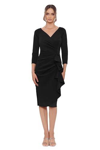 Image of Xscape Women's 3 /4 Sleeve V-Neck Side Ruched Midi Dress