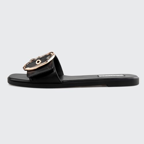Image of STUNAHOME Flat Sandals Women Fashion Slides With Soft Leather Paired with Metal buckle Slippers