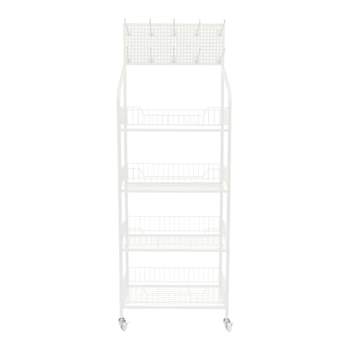 banborba 4-Tier Retail Display Rack, Retail Display Stand with Wheels & 10 Hooks, Snack Candy Display Organizer, Snack Rack, Basket Stand Cart, Metal Storage Shelf Stand for Snacks/Fruits/Tools(White)