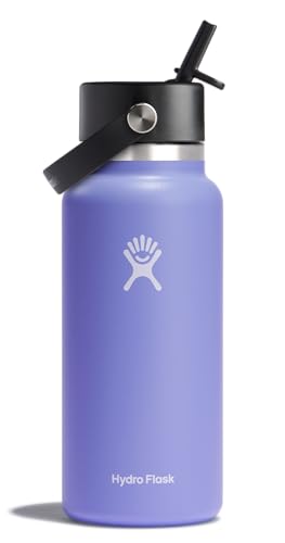 Hydro Flask Water Bottle - Insulated Stainless Steel - Wide Mouth Flex Straw Lid, Non Spill, Leakproof and Refillable in 32 Oz Lupine