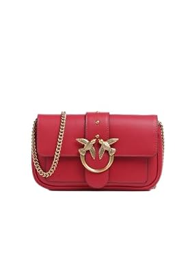 Pinko Love One Pocket, Borsa a Tracolla in Pelle Liscia, Rosso Rio, 19.5 x 13 x 4 cm, con Catena Dorata