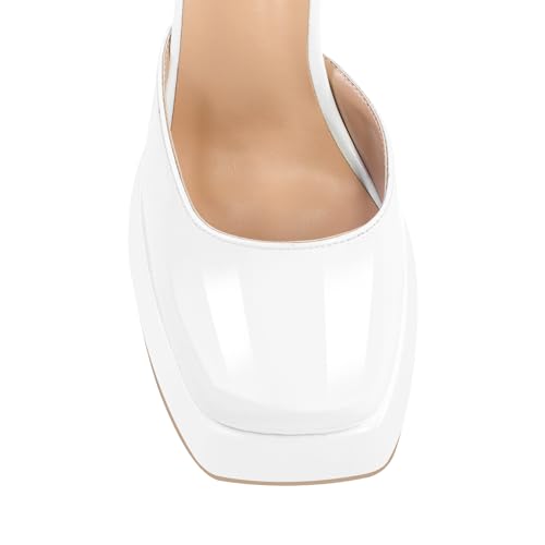 LISHAN Women's Platform Square Close Toe Buckle Pumps Faux Patent Leather Chunky Heels3