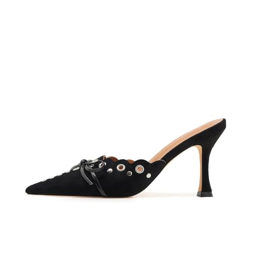 Image of Kitten Heel Mules for Women Bow Tie Suede Stiletto Heels Mule Pointed Toe Studs Slide Heeled Sandal Pumps for Wedding Dress Party