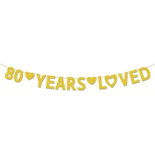 80th Birthday Banner with Pre-Installed Hanging Rope - Gold Glitter Decor for Adult Party, Anniversary Celebration - "80 Years Loved" Design