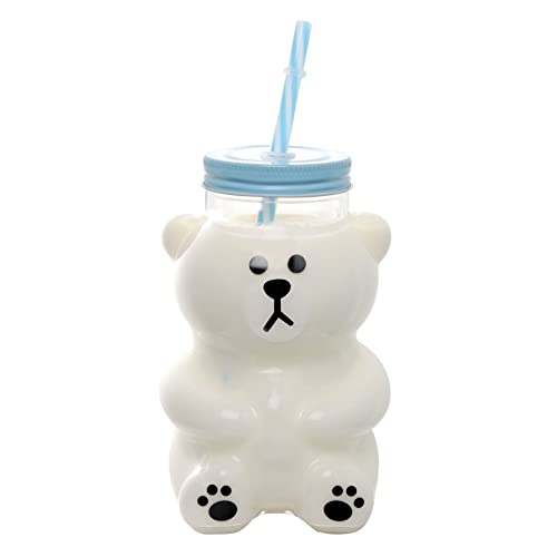 Kawaii Bear Sippy Cup 19oz Clear Bear Glass Cup with Lid and Straw Cute Kawaii Bear Glass Bottle Mug for Juice Milk Tea Smoothies Infused Water Beverage Food Grade Microwave Safe (Serious Bear)