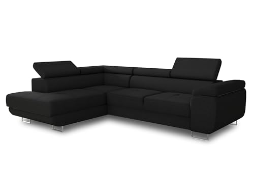 Ecksofa Caris mit Schlaffunktion und einstellbare Kopfstützen, Cord Stoff, Wohnlandschaft mit Bettkasten, Couch, Sofa, Bettsofa (Schwarz (Poso 135), Ecksofa Links)