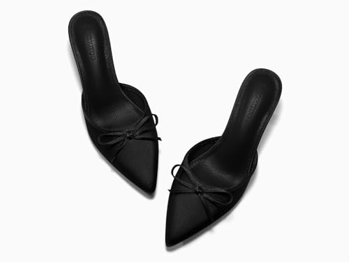Coutgo Womens Kitten Heels Mules with Bow Satin Slip on Pumps Closed Pointed Toe Dress Wedding Party Shoes4