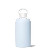 bkr Big Smooth Grace - 32oz/1L - Glass Water Bottle - Light Periwinkle Blue - Dishwasher Safe - Removable Silicone Sleeve - BPA Free