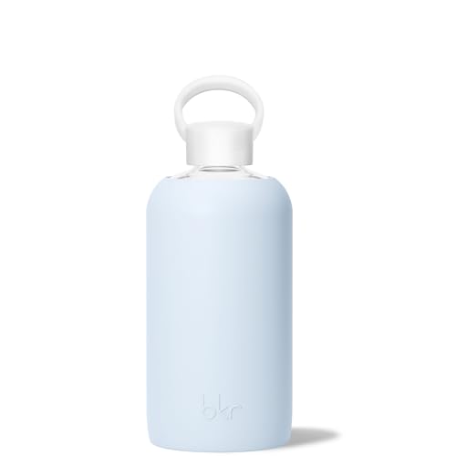 bkr Big Smooth Grace - 32oz/1L - Glass Water Bottle - Light Periwinkle Blue - Dishwasher Safe - Removable Silicone Sleeve - BPA Free