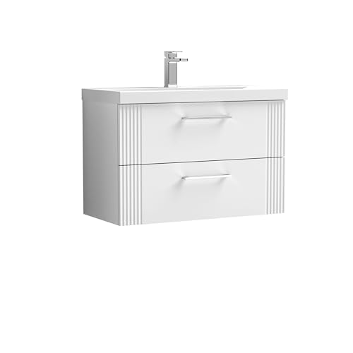Image of Balterley Vanity Unit with Basin Wall Hung, 2 Drawer Soft Close with Thin Edge Sink and Handle, Bathroom Vanity Units with Basin, Partial Fluted Sink Cabinet - 810 x 395 x 550mm (White)