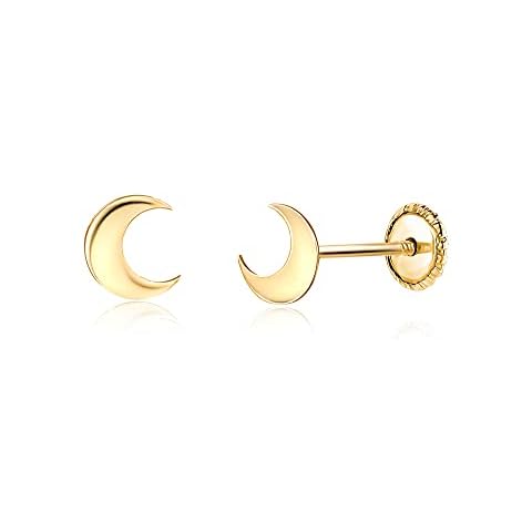 14k Yellow Gold Tiny Moon Earrings Stud Shiny Polished Safety Screwback Covered Back Closure Cover