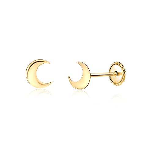 14k Yellow Gold Tiny Star Moon Earrings Stud Shiny Polished Screwback Closure