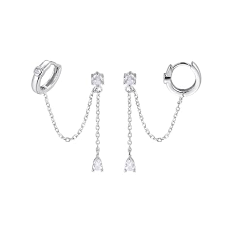 SLUYNZ 925 Sterling Silver Double Piercing Earrings Dangle Earrings Tassel for Women Teen Girls Droplet Dangle Earrings Small Huggie Hoop Earrings (A-Silver) Cover