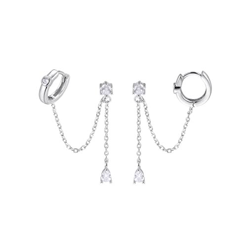 SLUYNZ Sterling Silver Double Piercing Earrings - Huggie Hoops with Chain, Droplet Dangle Design for Women