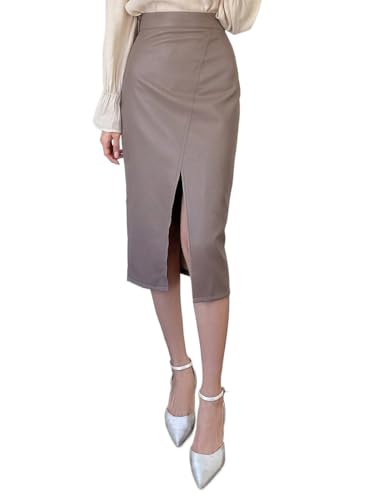 High Waist Slit PU Leather Pencil Skirt Basic Women's Summer Casual Vinage Skirt