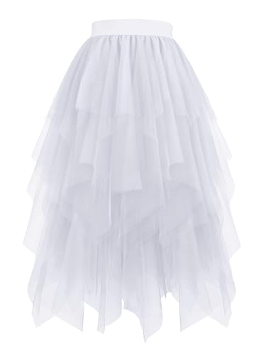Hanpceirs Damen Tüll Röcke High Low Layered Puffy Fee Röcke A-Linie Midi Rock Unregelmäßiger Tutu Rock weiß S