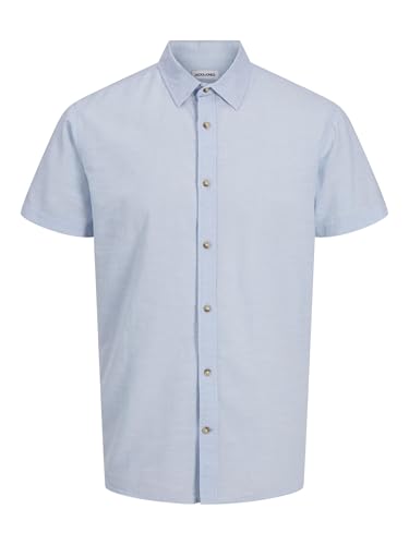 JACK & JONES Mens Cotton Shirts, Short Sleeve Button Down Summer Polo Shirts for Men UK, Chambray Blue Colour, Size L