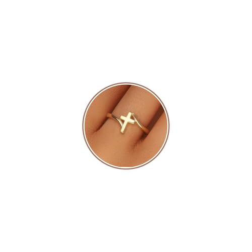 Punhem Gold Cross Statement Rings for Women 14K Gold Silver Tone Non Tarnish Cute Band High Polished Smooth Comfort Fit Size 5-10