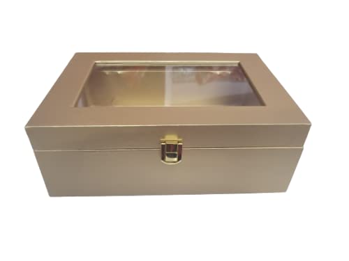 Neevaza Leather Finish, Large Trunk Box with Transparent Window on Top | Golden, 3.5x7x10 inches|