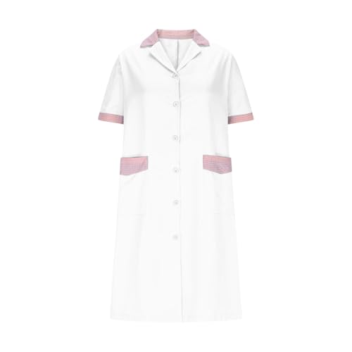 2025 Trendy Button Nurse Dress for Women Short Sleeves Color-Block Scrub Uniforms for Housekeeping Working Uniform3