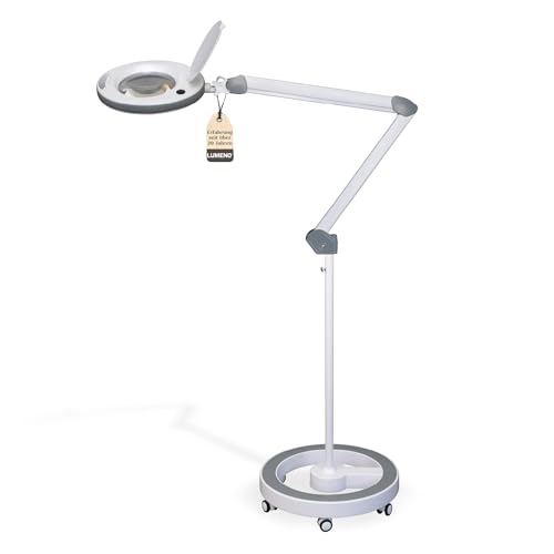 Lumeno dimmbare LED Lupenleuchte Serie 851X mit großer 152mm Echtglaslinse in 3 oder 5 Dioptrien einstellbare Helligkeitsstufen, Arbeitsleuchte/Lupenlampe 3 mit Stativ Grau