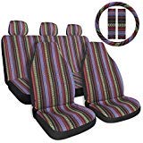 Copap Multi-Color Baja Saddle Blanket Car Seat Cover 10pc Universal Seat Cover Full Set with 15” Steering Wheel Cover & Seat Belt Protectors fits Car, SUV & Van