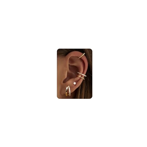 CASSIECA 5Paia Orecchini Donna Oro, Set Orecchini Anallergici Donna Cerchio Ear Cuff Orecchini Cerchio Oro Senza Buco Piercing Orecchio Acciaio Inossidabile Piercing Trago Helix per Fori Multipli