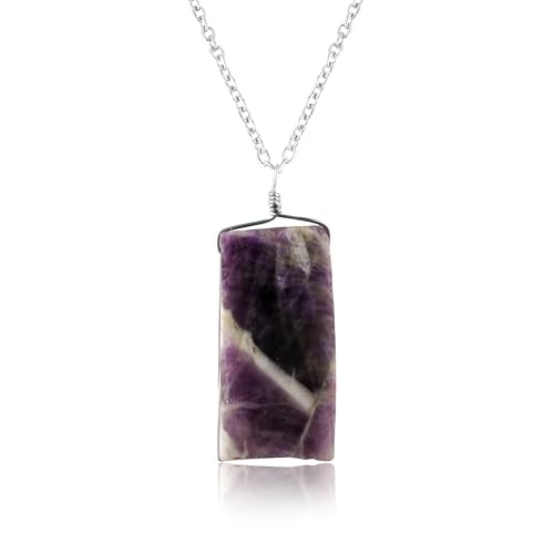 CRYSTALINES Raw Chevron Amethyst Stone Pendant Necklace, Natural Gemstone Dainty Necklace, Silver Plated Chain, Handmade Bohemian Jewelry, Rough Healing Crystals, Gift for Women (Size-16+2INCH)