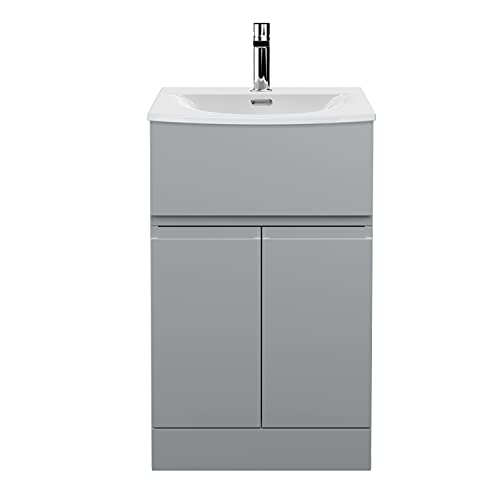 Image of Hudson Reed URB201G Urban Modern Bathroom Floor Standing 2 Soft Close Doors and 1 Drawer Vanity Unit with Round Ceramic Basin with 30mm Profile, 500mm, Satin Grey