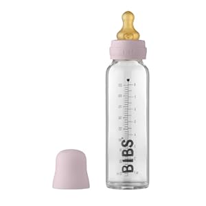 BIBS Baby Glass Bottle. Anti-colic. Round Natural Rubber Latex Nipple. Supports Natural Breastfeeding, 225 ml, Dusky Lilac
