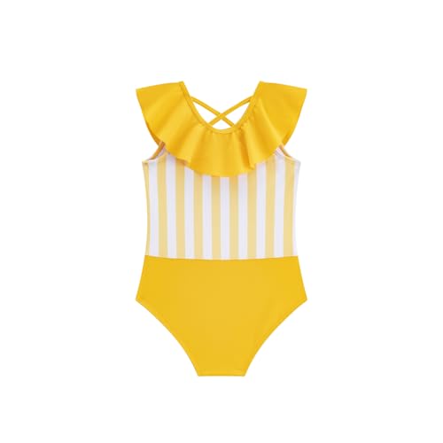 LIZENS Girls One Piece Swimsuits Kids Swimwear Striped Ruffle Cute Color Block Bathing Suit for Beach Size 2-122