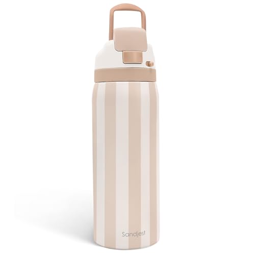 Image of Stripe Insulated Stainless Steel Water Bottle with Straw for Sports and Travel, 32oz, Gifts for Women Girls Friends Teens Birthday Christmas (Brown)
