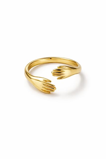 zarini,s gold plated adjustable hug ring,design to resemble handsembracing a finger-image-15