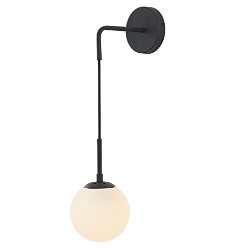 Image of BOKT Lighting Black 1-Light Frosted White Glass Wall Sconce Mid Century Modern Globe Ball Bathroom Wall Light Rustic Industrial Bedroom Bedside Wall Reading Lamp (Black+White)